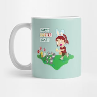 Happy easter's day, Bunny easter, Red hair girl get the easter egg from rabbit family, Rabbit easter family, Cute girl, Red hair girl, cute bunny, rabbit lover. Mug